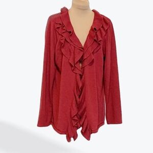 Grace Elements Red Ruffled Front Long Sleeve Cardigan Sweater Womens